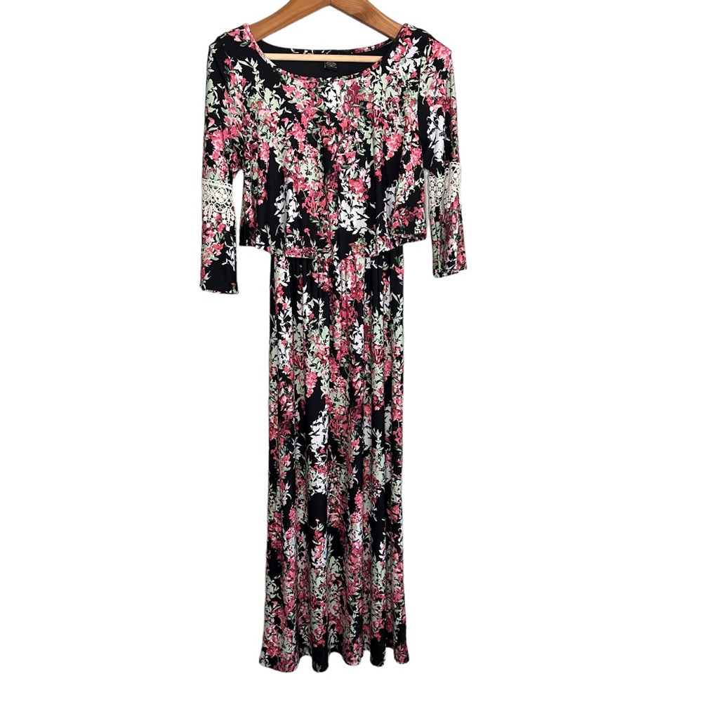 Robert Louis Long Floral Woman's Maxi Dress  S Crochet Lace Sleeve
